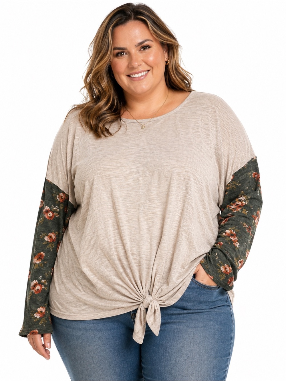 Cool Melon Floral Sleeve Knot Front Top - Woman’s Plus (review measurements)